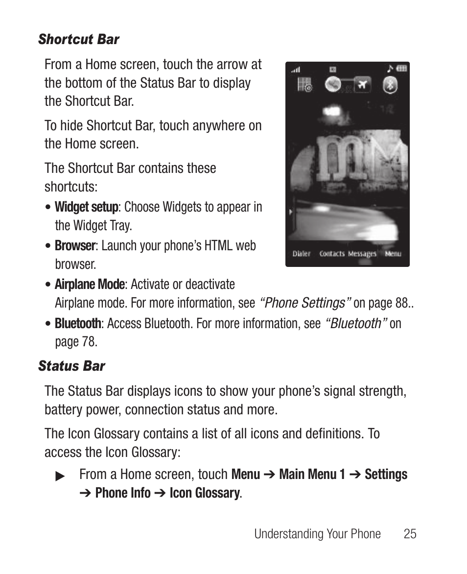 Shortcut bar, Status bar | Samsung SCH-R710XKBCRI User Manual | Page 29 / 150