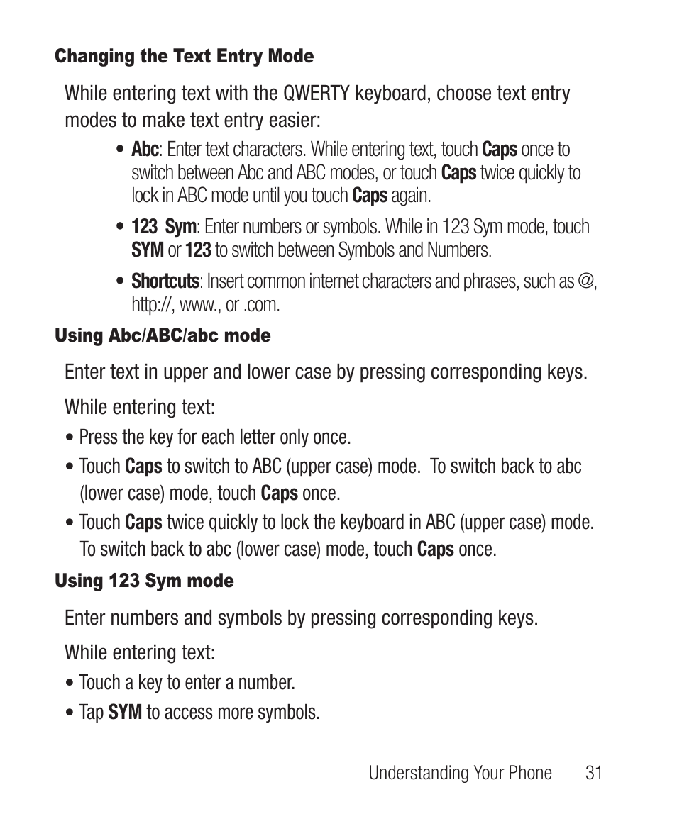 Changing the text entry mode, Using abc/abc/abc mode, Using 123 sym mode | Samsung SCH-R710XKBCRI User Manual | Page 35 / 150