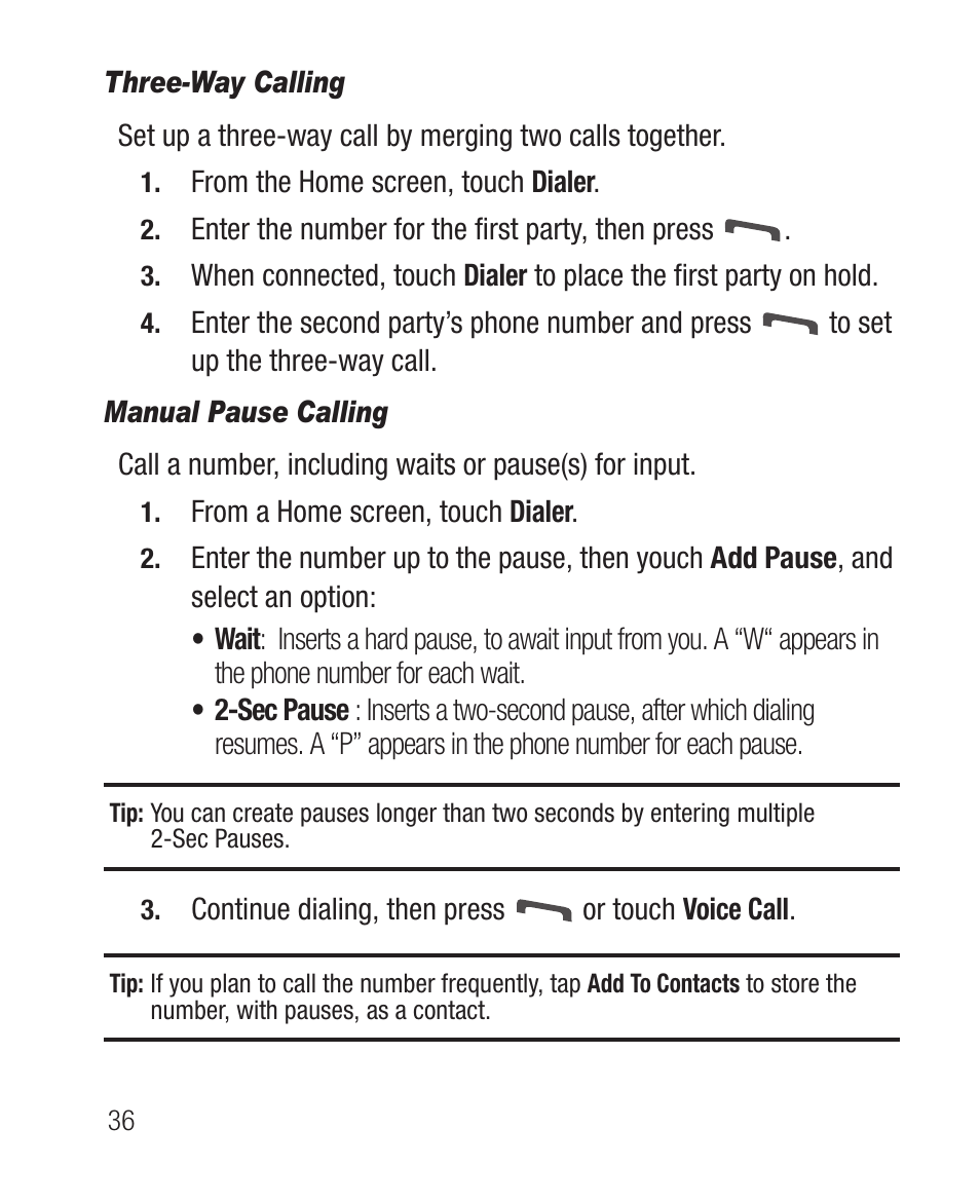 Three-way calling, Manual pause calling | Samsung SCH-R710XKBCRI User Manual | Page 40 / 150