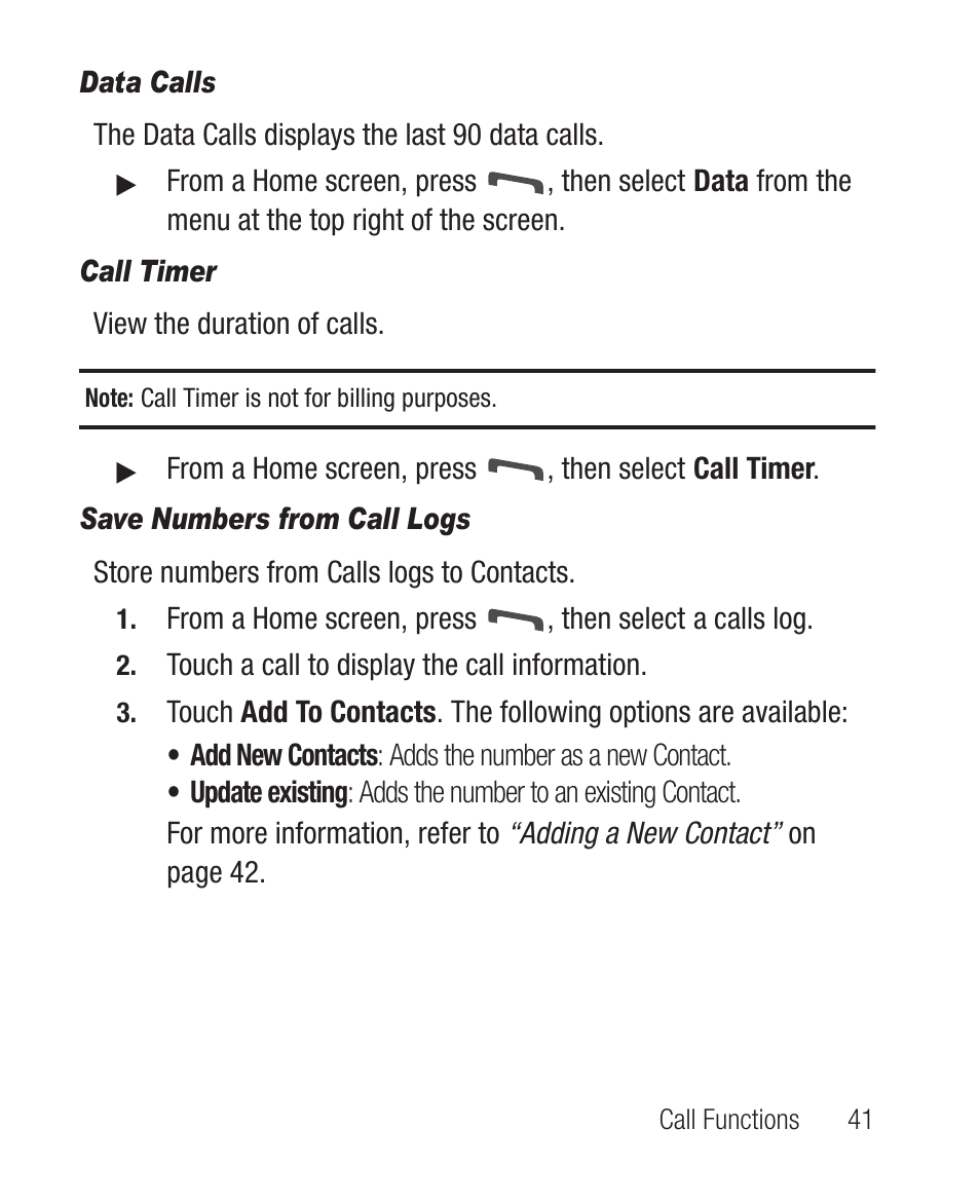 Data calls, Call timer, Save numbers from call logs | Samsung SCH-R710XKBCRI User Manual | Page 45 / 150