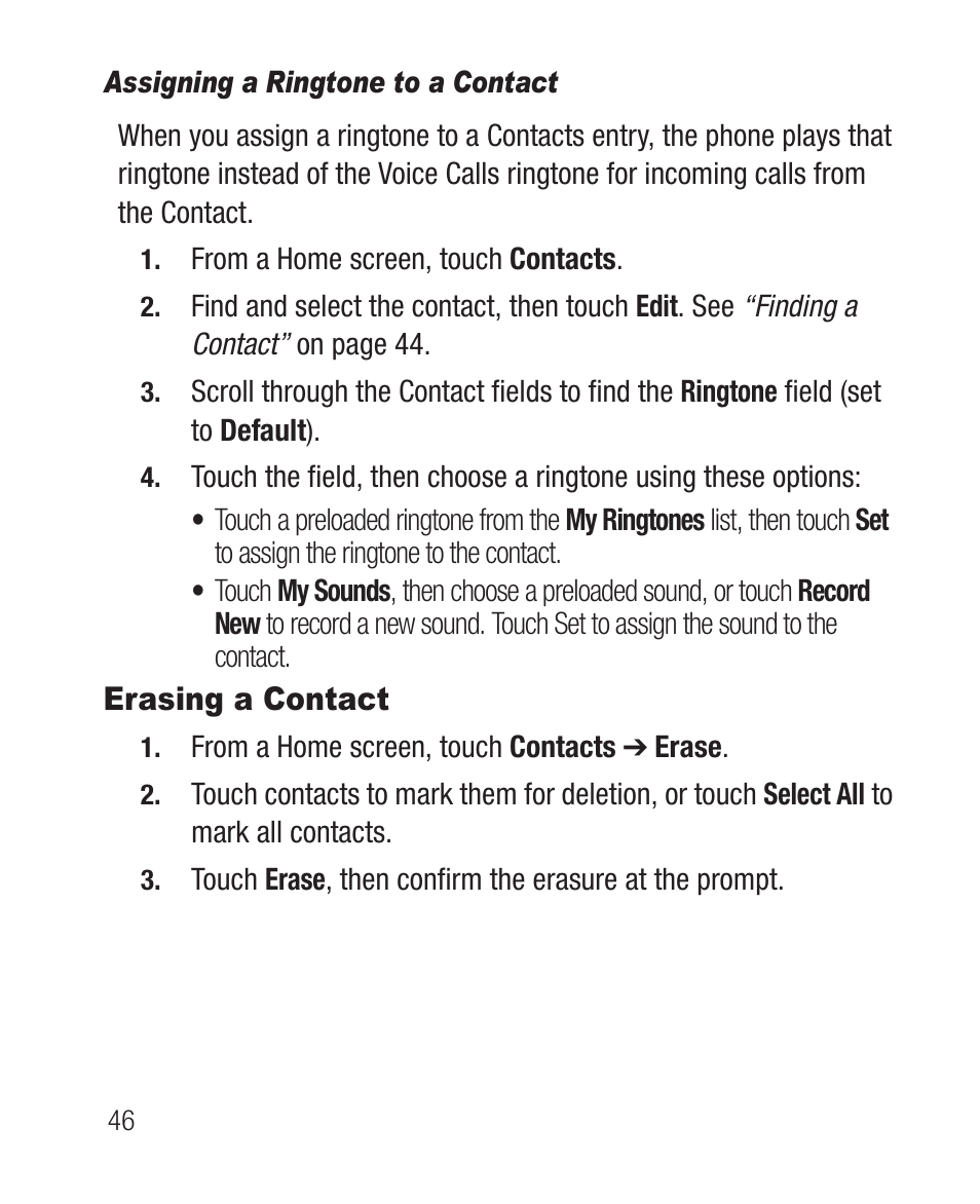 Assigning a ringtone to a contact, Erasing a contact | Samsung SCH-R710XKBCRI User Manual | Page 50 / 150