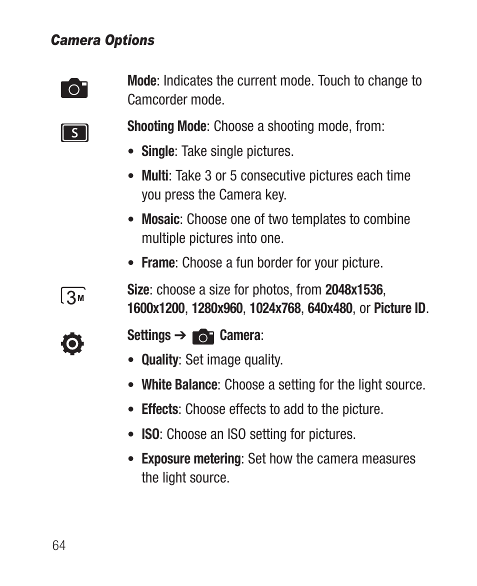 Camera options | Samsung SCH-R710XKBCRI User Manual | Page 68 / 150