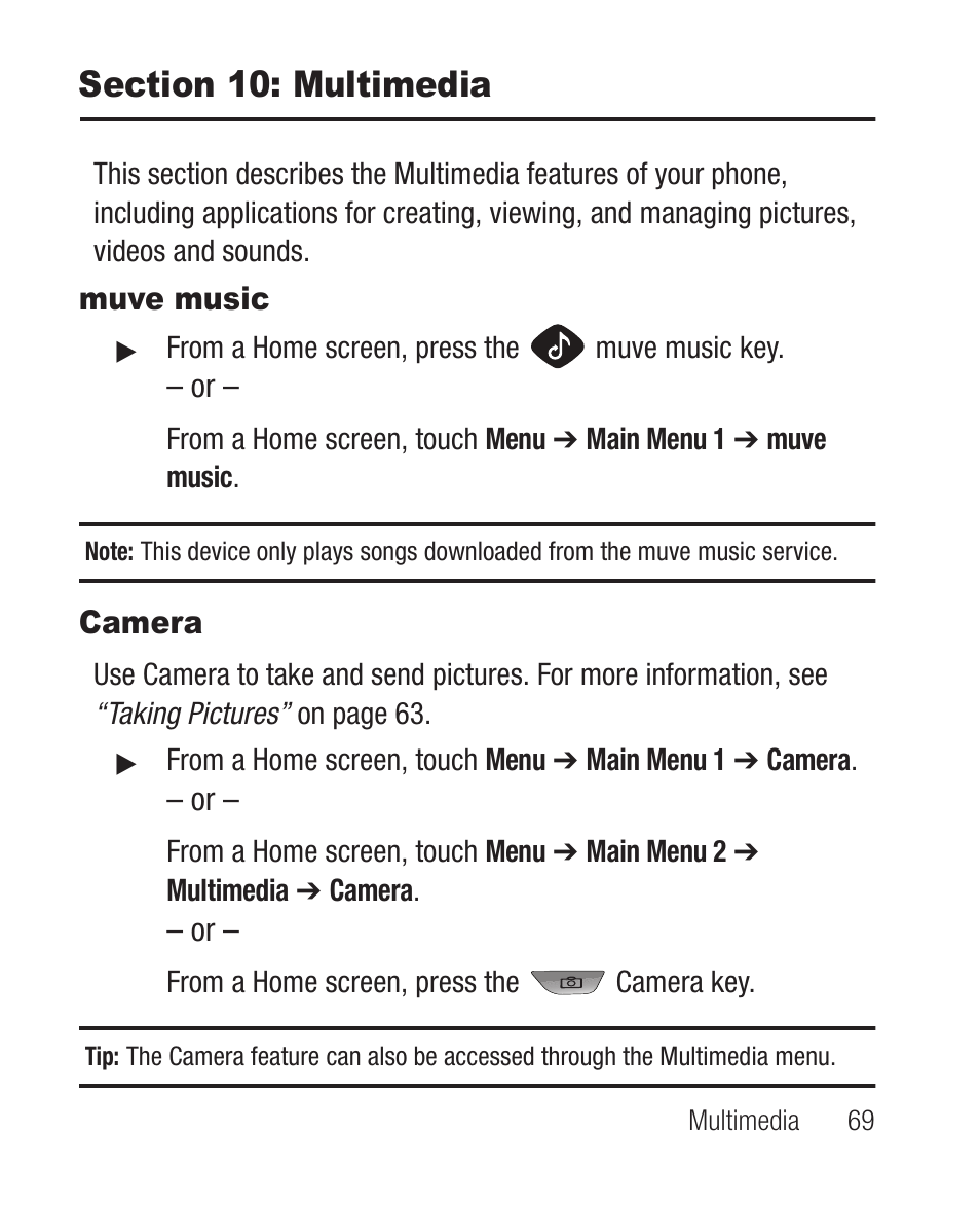Section 10: multimedia, Muve music, Camera | Muve music camera | Samsung SCH-R710XKBCRI User Manual | Page 73 / 150