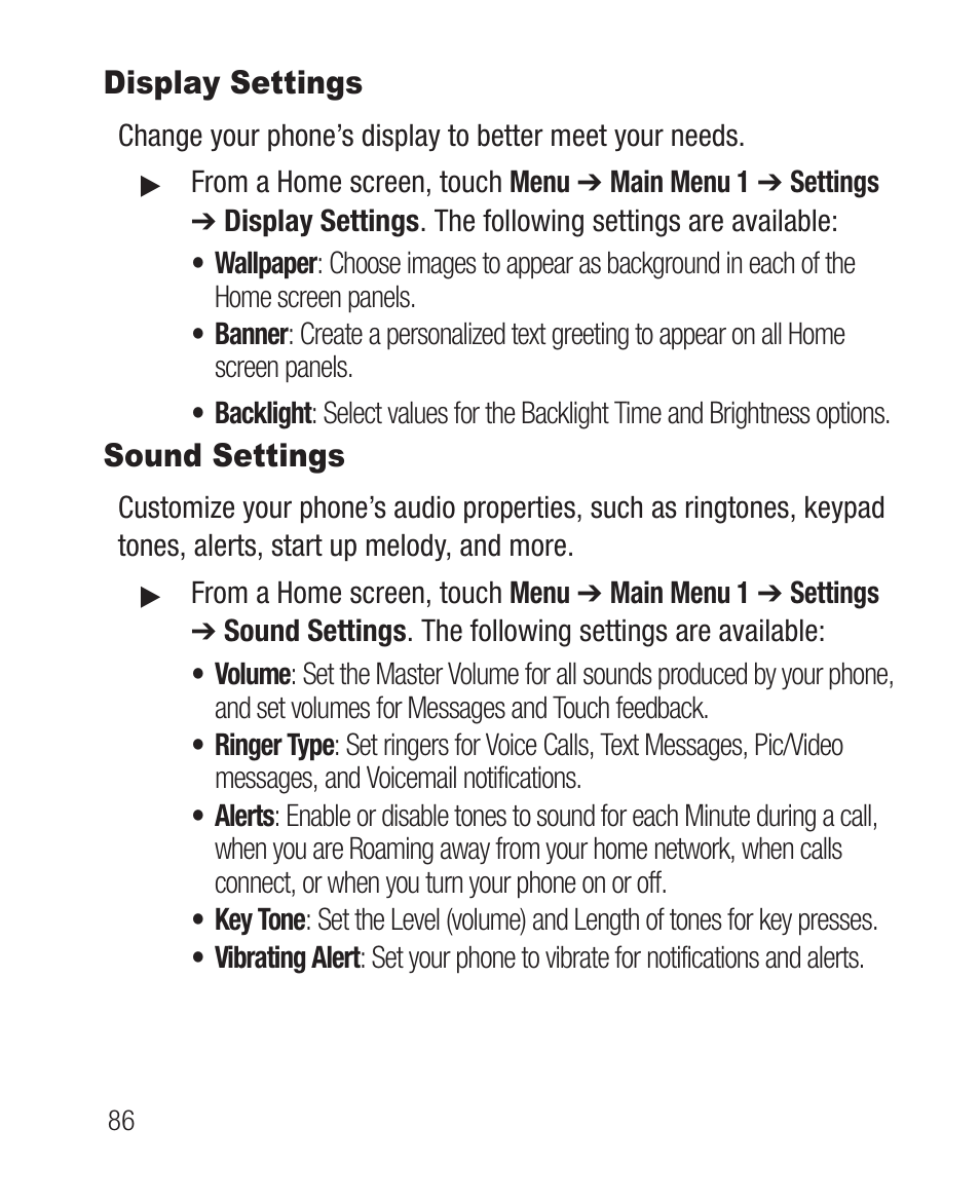 Display settings, Sound settings, Display settings sound settings | Samsung SCH-R710XKBCRI User Manual | Page 90 / 150