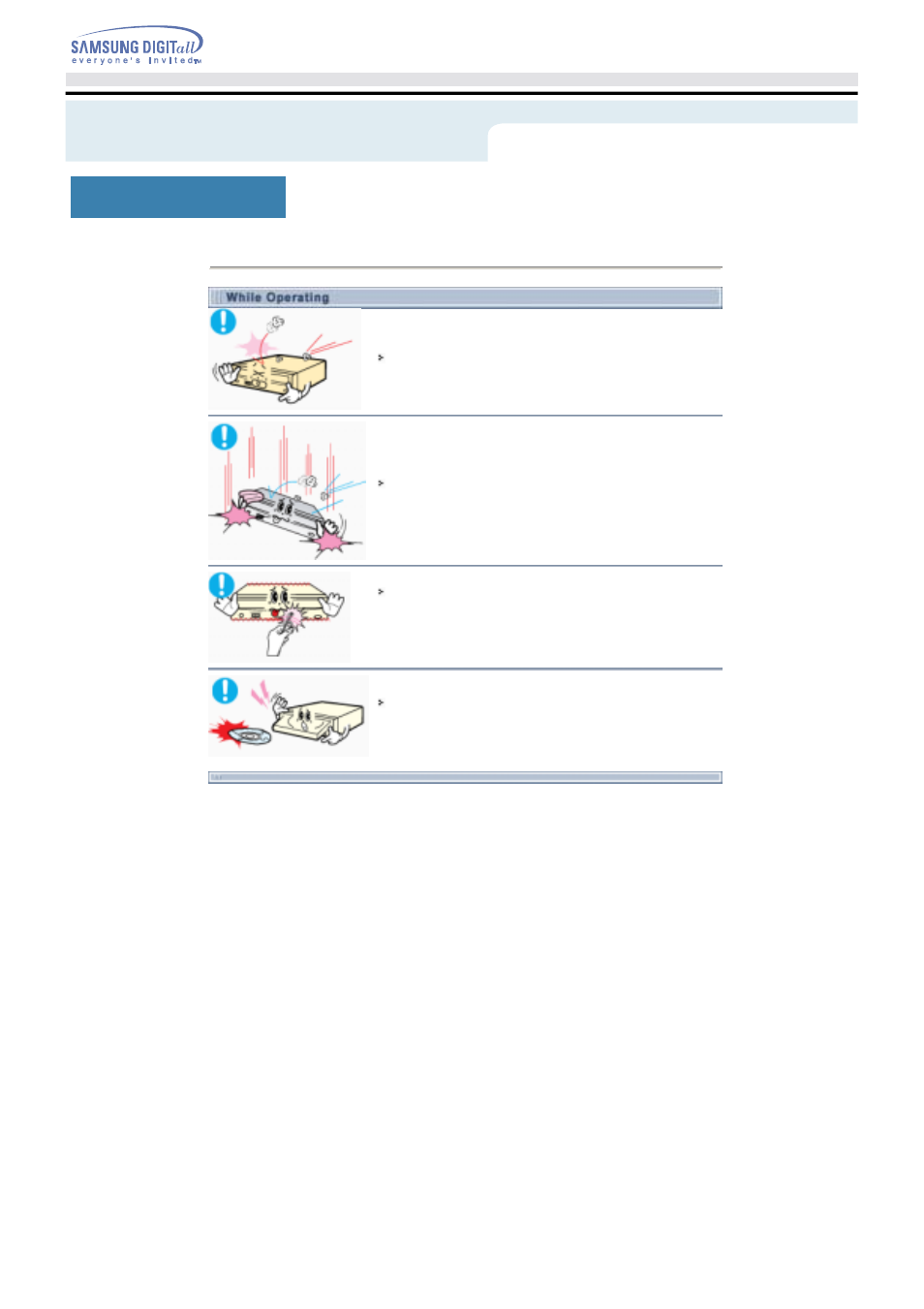 Safety precautions - while operating, Safety precautions, While operating | Samsung SM-352NRNS User Manual | Page 4 / 22
