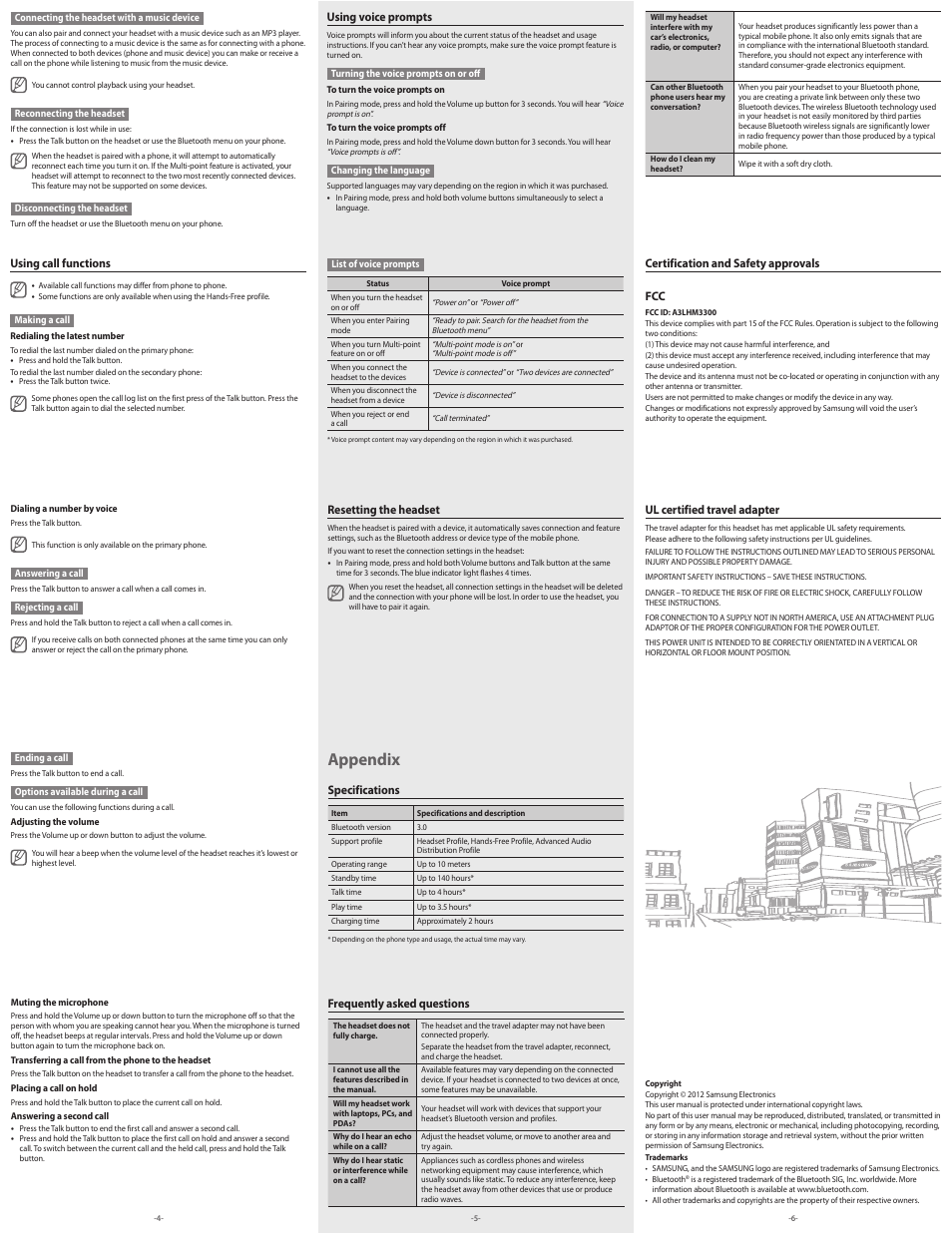 Appendix, Using call functions, Resetting the headset | Specifications, Certification and safety approvals fcc, Ul certified travel adapter, Using voice prompts, Frequently asked questions | Samsung BHM3300NLACSTA User Manual | Page 2 / 4