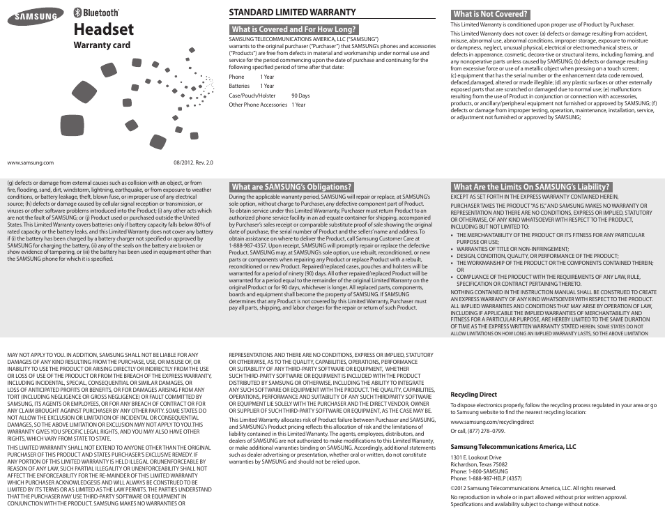 Headset, Warranty card, Standard limited warranty | What is covered and for how long, What is not covered, What are samsung’s obligations, What are the limits on samsung’s liability | Samsung BHM3300NLACSTA User Manual | Page 3 / 4