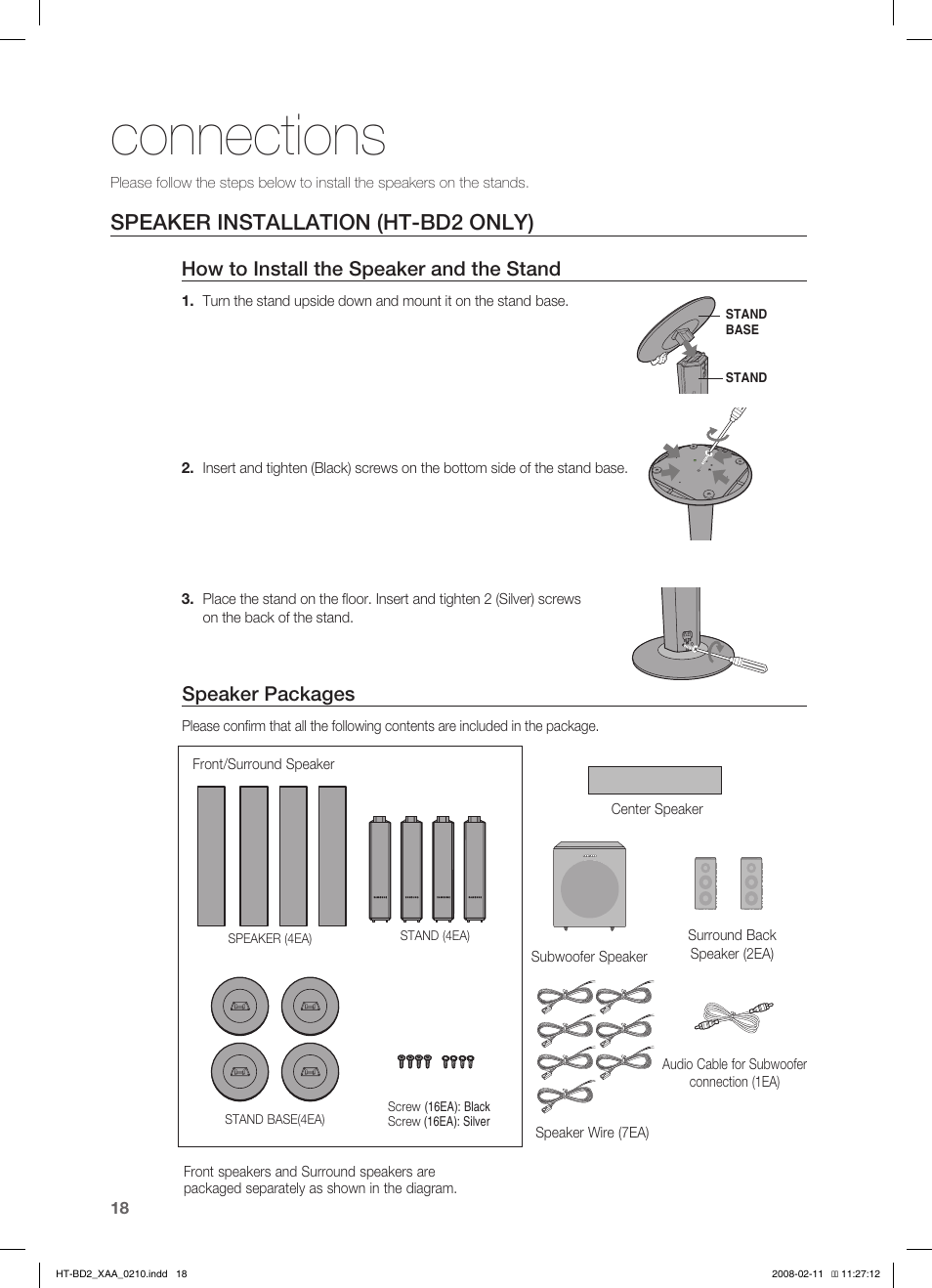 Connections, Speaker instalation (ht-bd2 only), Speaker installation (ht-bd2 only) | How to install the speaker and the stand, Speaker packages | Samsung HT-BD2T-XAA User Manual | Page 19 / 73