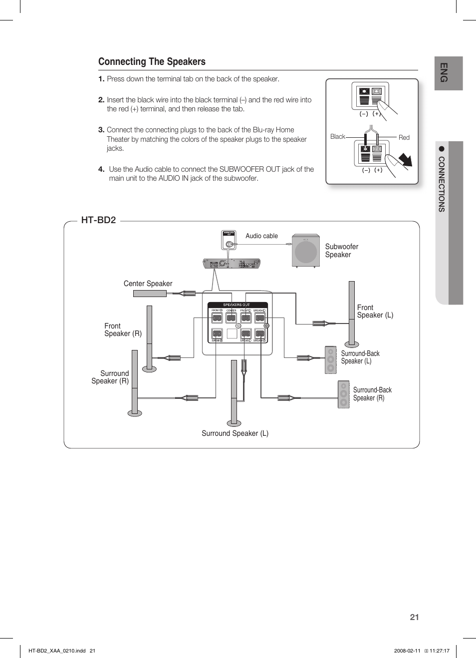 Connecting the speakers | Samsung HT-BD2T-XAA User Manual | Page 22 / 73
