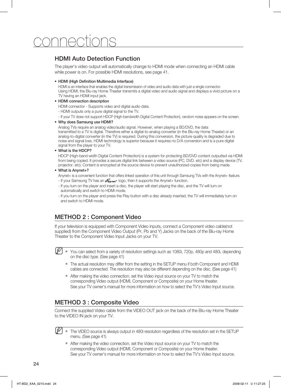 Connections, Hdmi auto detection function, Method 2 : component video | Method 3 : composite video | Samsung HT-BD2T-XAA User Manual | Page 25 / 73