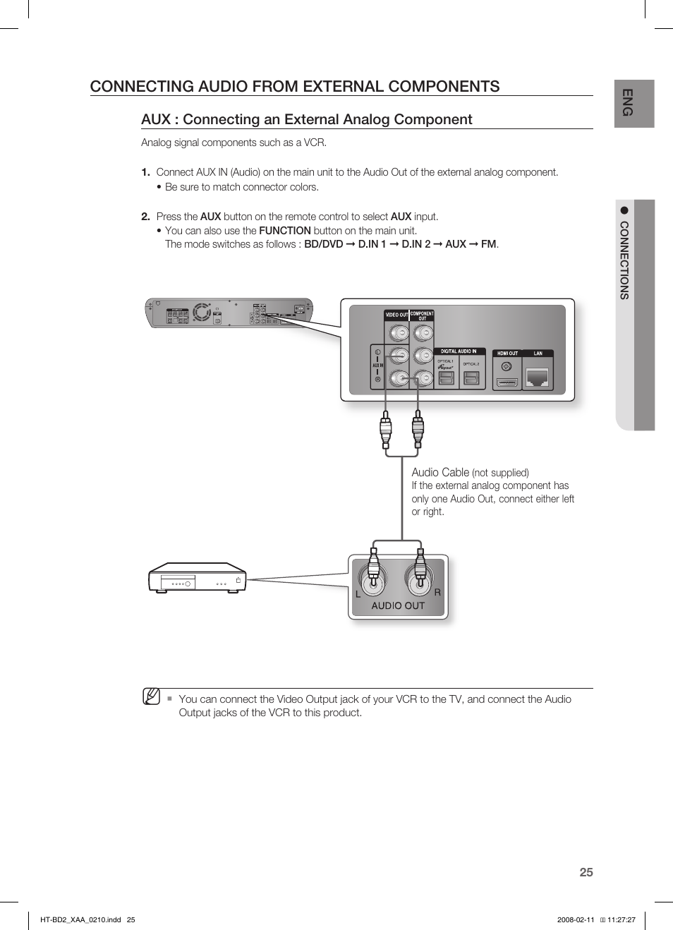 Connecting audio from external components, Aux : connecting an external analog component | Samsung HT-BD2T-XAA User Manual | Page 26 / 73