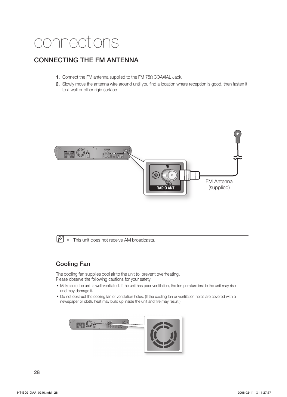 Connecting the fm antenna, Connections | Samsung HT-BD2T-XAA User Manual | Page 29 / 73