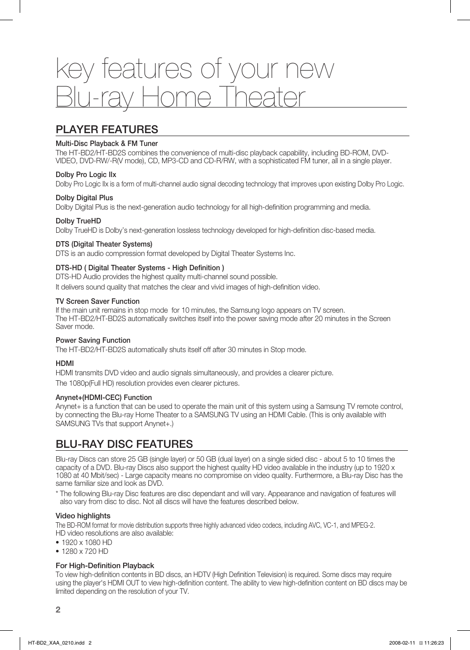 Key features of your newblu-ray home theater, Key features of your new blu-ray home theater, Player features | Blu-ray disc features | Samsung HT-BD2T-XAA User Manual | Page 3 / 73