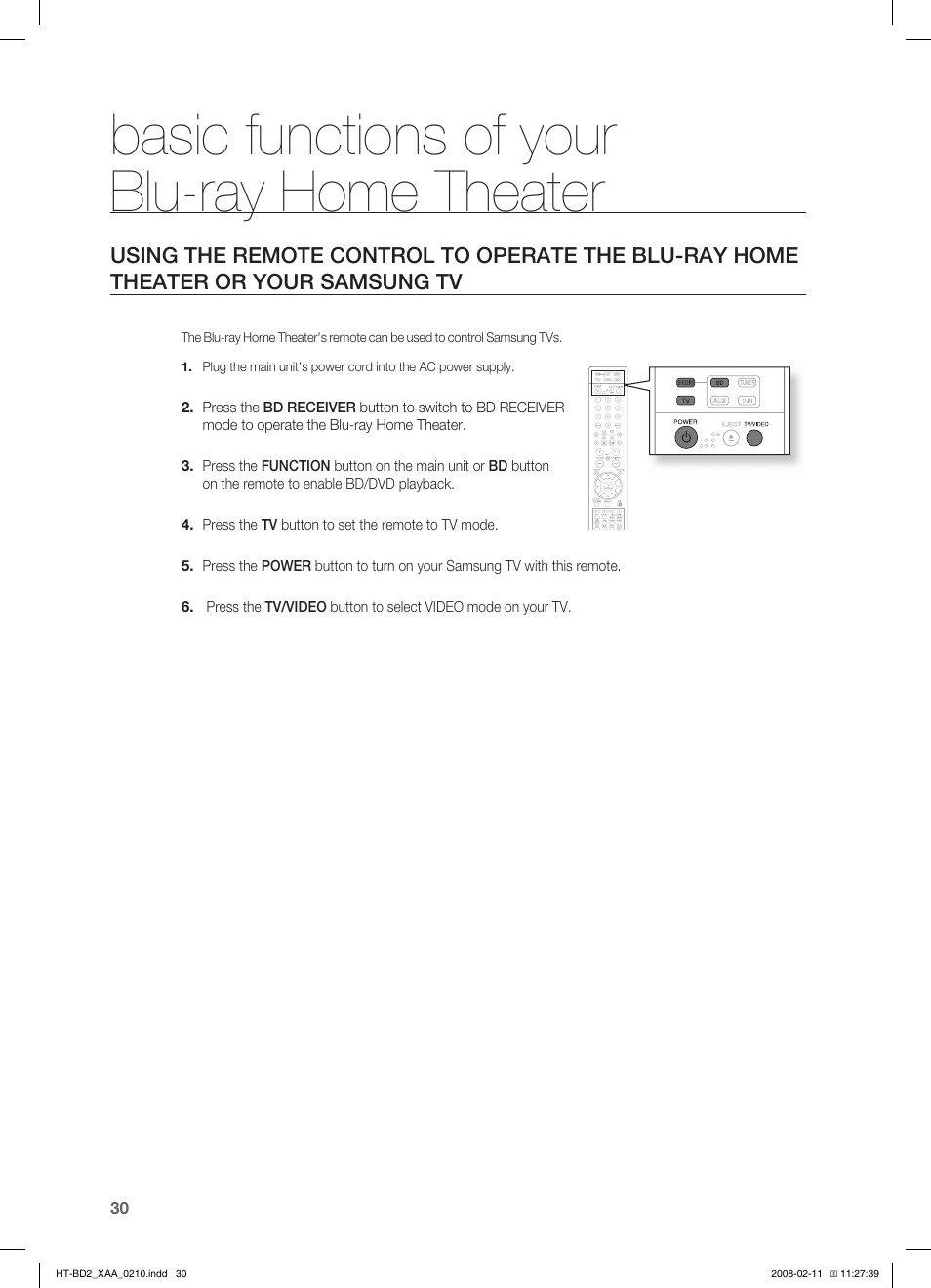 Basic functions of your blu-ray home theater | Samsung HT-BD2T-XAA User Manual | Page 31 / 73