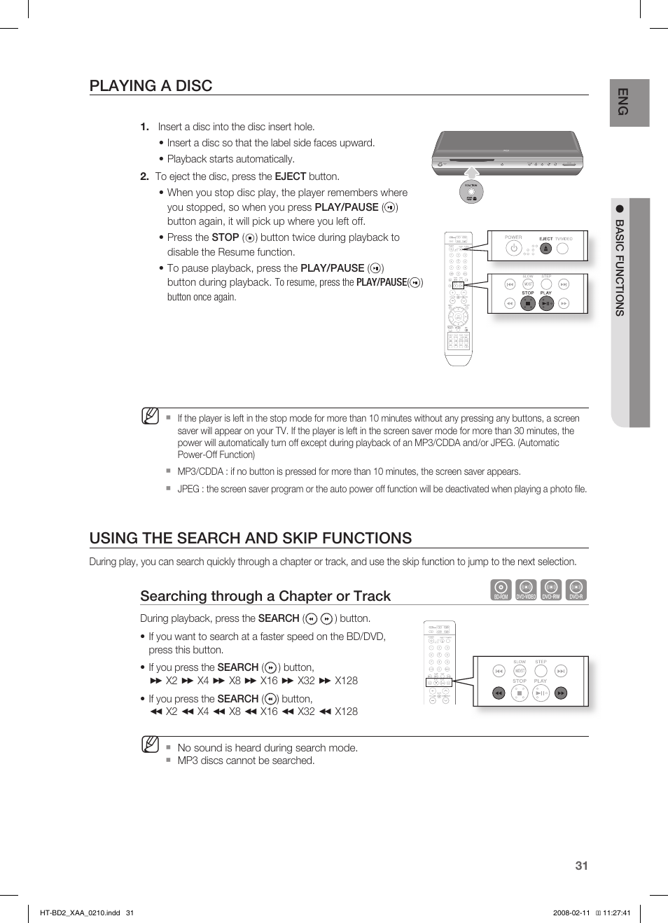 Playing a disc, Using the search and skip functions, Hzcv | Searching through a chapter or track | Samsung HT-BD2T-XAA User Manual | Page 32 / 73