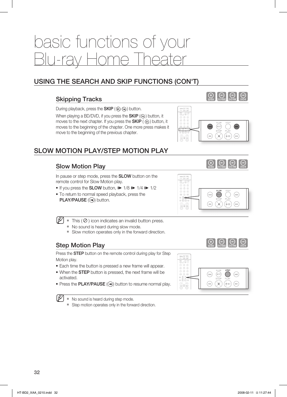 Using the search and skip functions (con't), Slow motion play/step motion play, Basic functions of your blu-ray home theater | Hzcv | Samsung HT-BD2T-XAA User Manual | Page 33 / 73