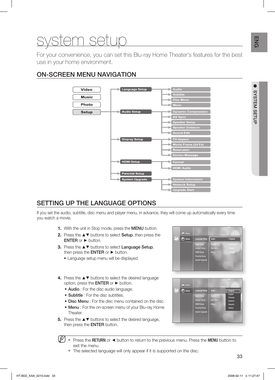 System setup, On-screen menu navigation, Setting up the language options | Samsung HT-BD2T-XAA User Manual | Page 34 / 73