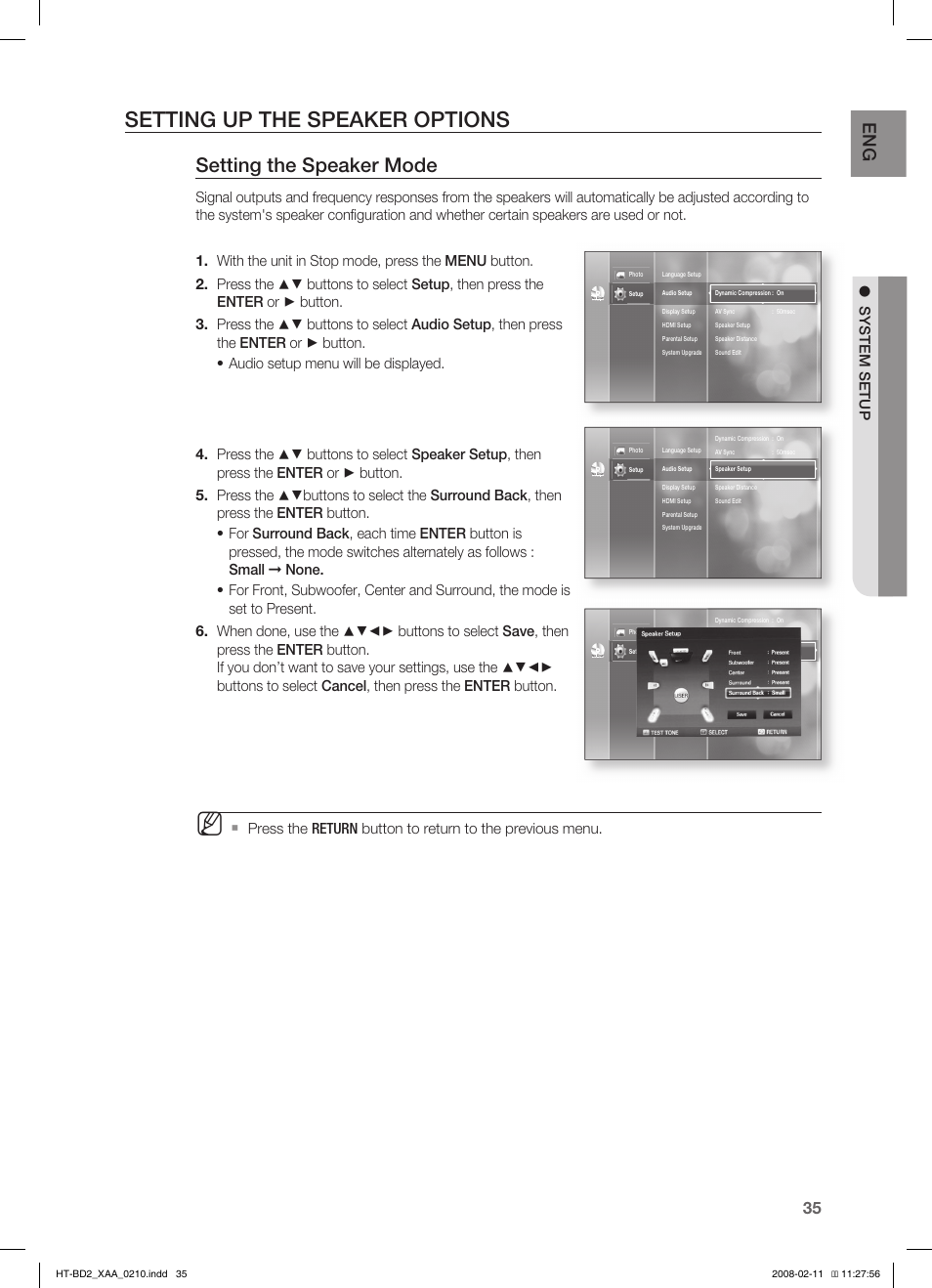 Setting up the speaker options, Setting the speaker mode, System setup | Samsung HT-BD2T-XAA User Manual | Page 36 / 73