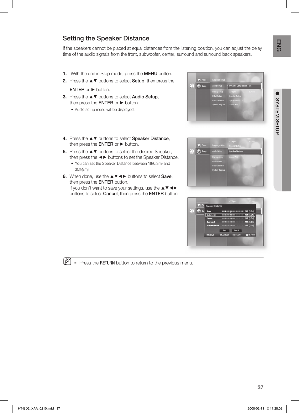Setting the speaker distance, System setup | Samsung HT-BD2T-XAA User Manual | Page 38 / 73