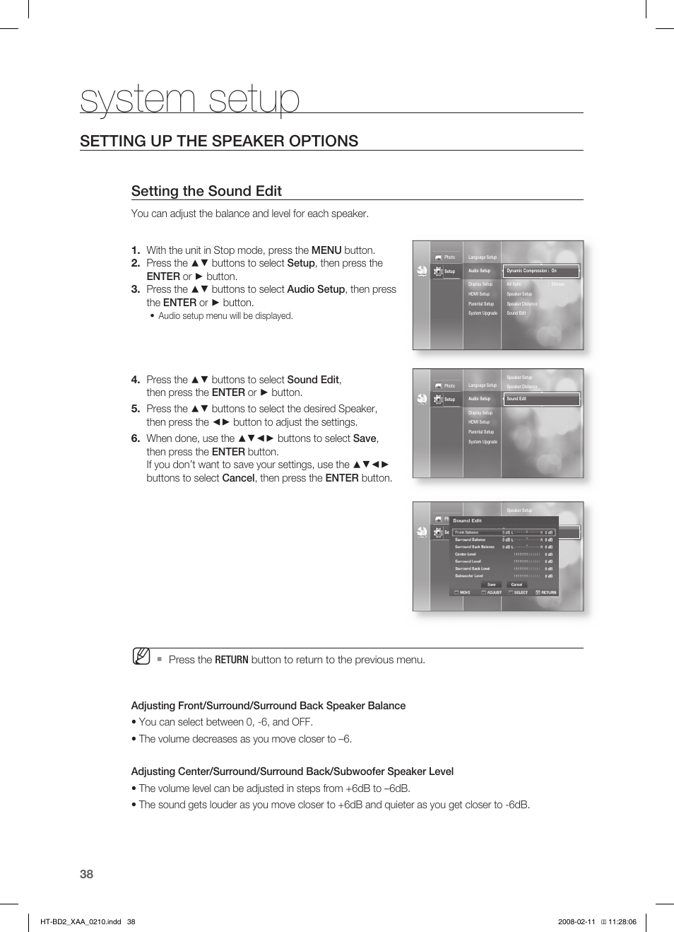 Setting up the speaker options, System setup, Setting the sound edit | Samsung HT-BD2T-XAA User Manual | Page 39 / 73