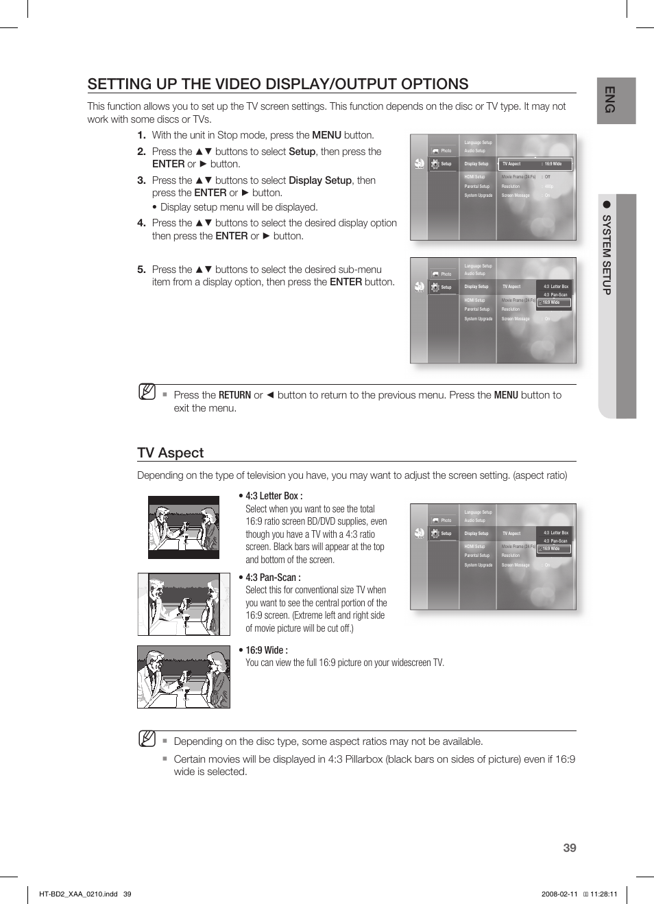 Setting up the video display/output options, Tv aspect, System setup | Samsung HT-BD2T-XAA User Manual | Page 40 / 73
