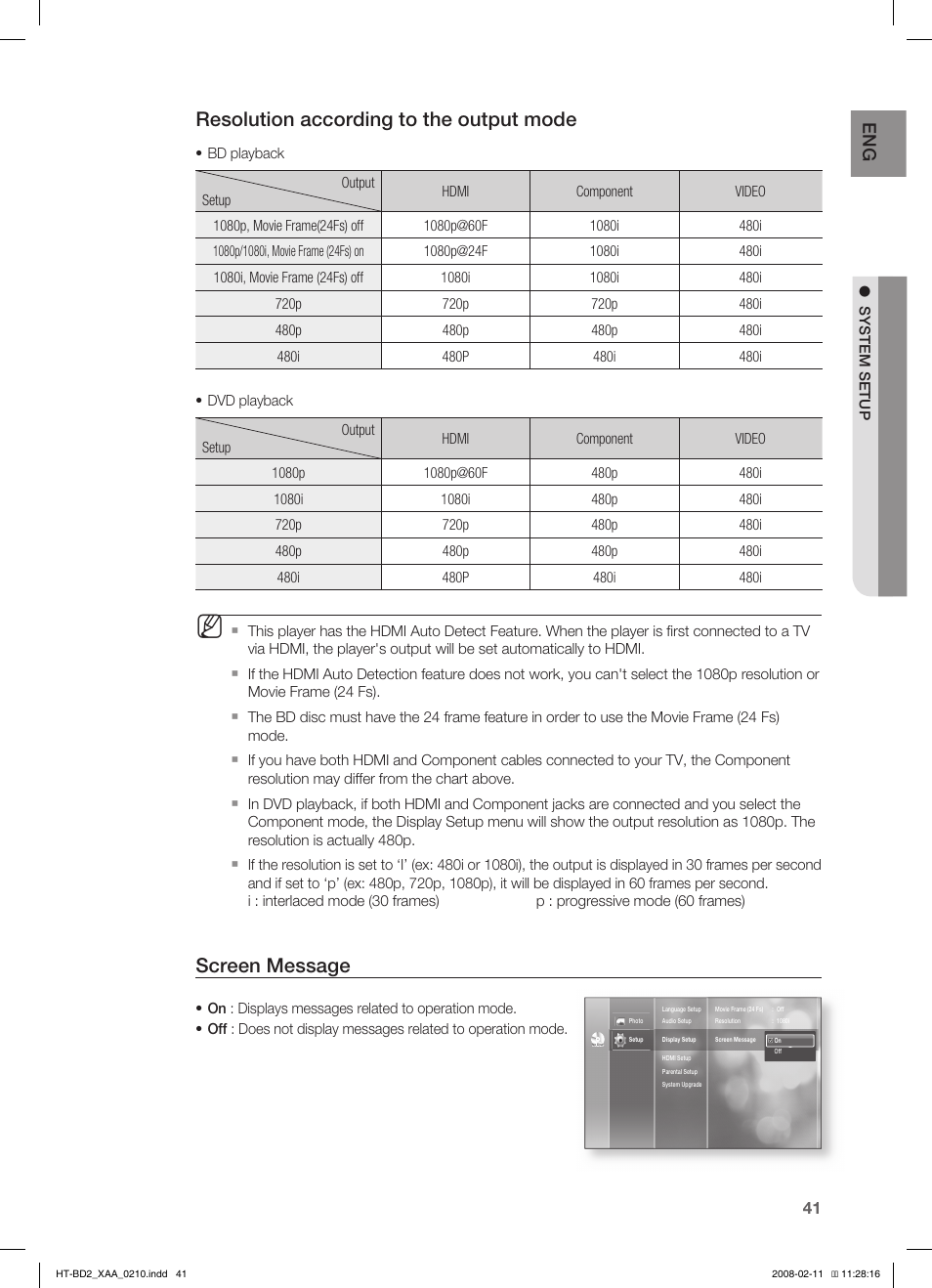Resolution according to the output mode, Screen message | Samsung HT-BD2T-XAA User Manual | Page 42 / 73