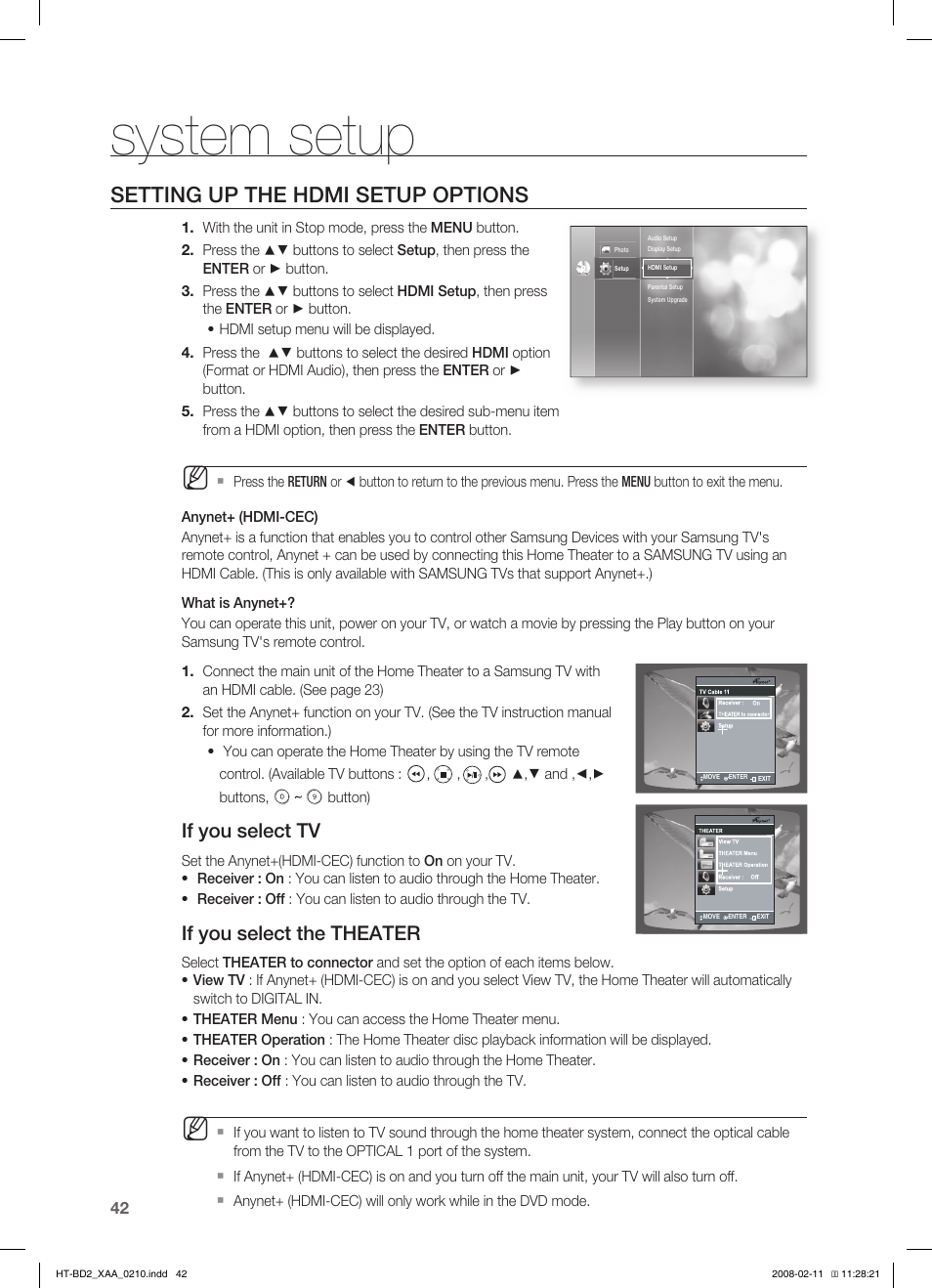 Setting up the hdmi setup options, System setup, If you select tv | If you select the theater, And , _ , + buttons, Button) | Samsung HT-BD2T-XAA User Manual | Page 43 / 73
