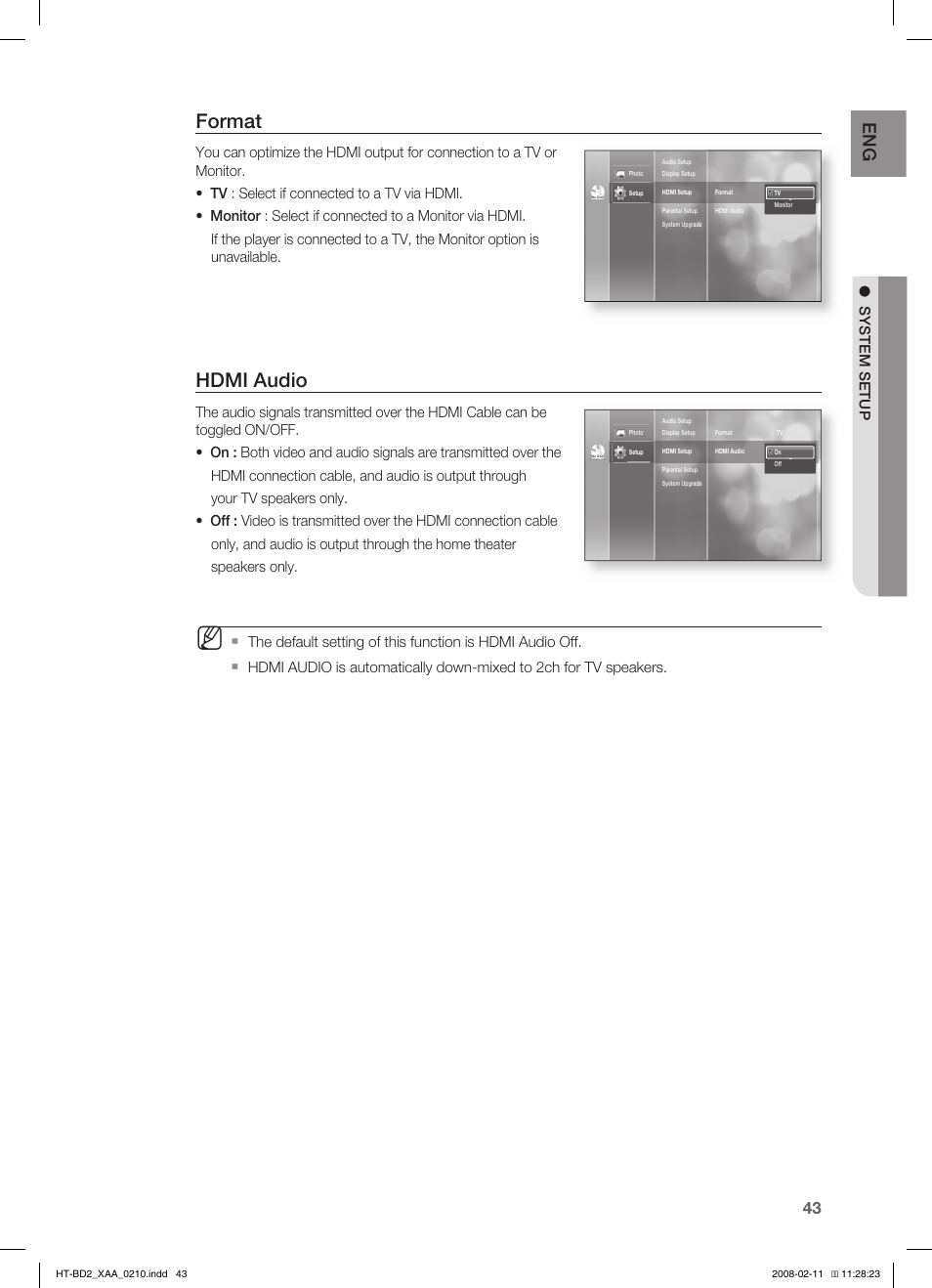 Format, Hdmi audio, System setup | Samsung HT-BD2T-XAA User Manual | Page 44 / 73