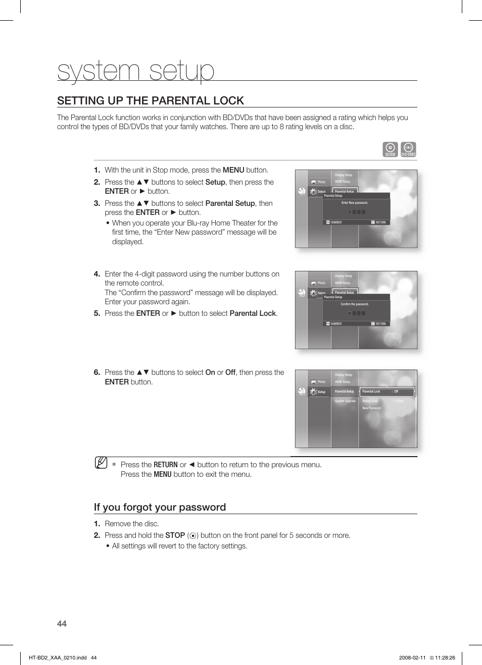 Setting up the parental lock, System setup, If you forgot your password | Samsung HT-BD2T-XAA User Manual | Page 45 / 73