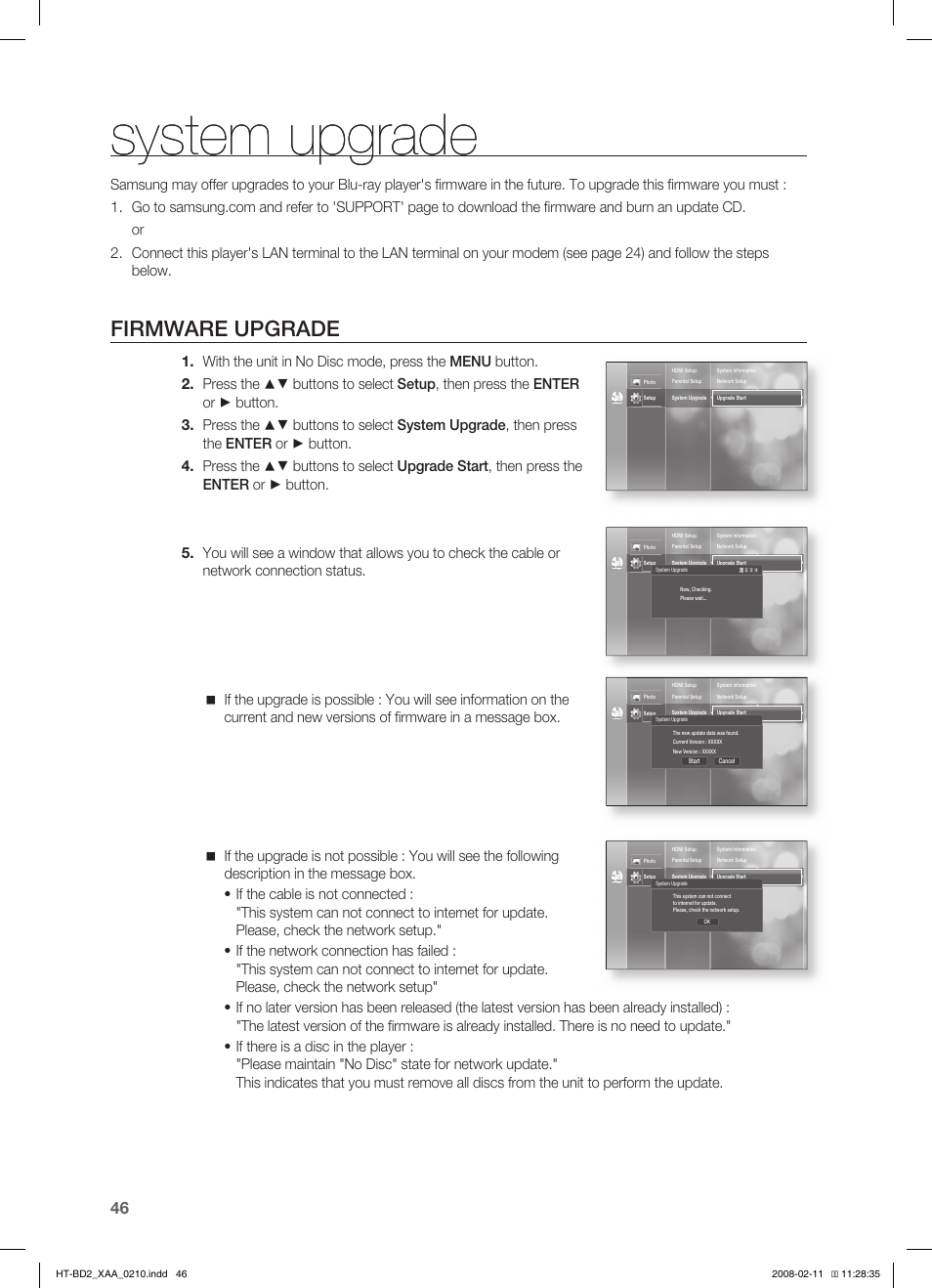 System upgrade, Firmware upgrade | Samsung HT-BD2T-XAA User Manual | Page 47 / 73