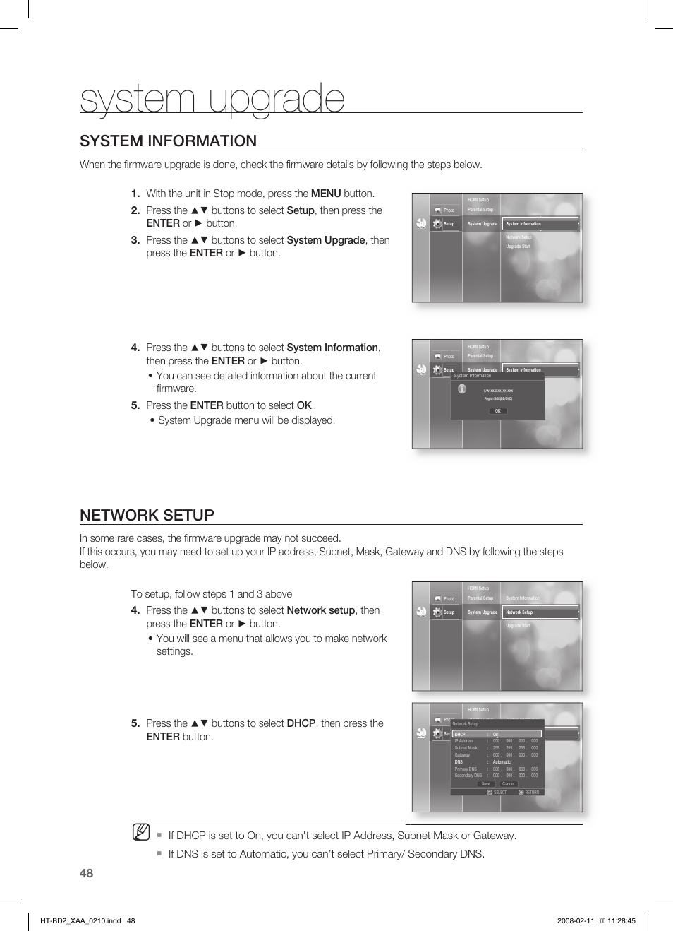 System information, Network setup, System upgrade | Samsung HT-BD2T-XAA User Manual | Page 49 / 73
