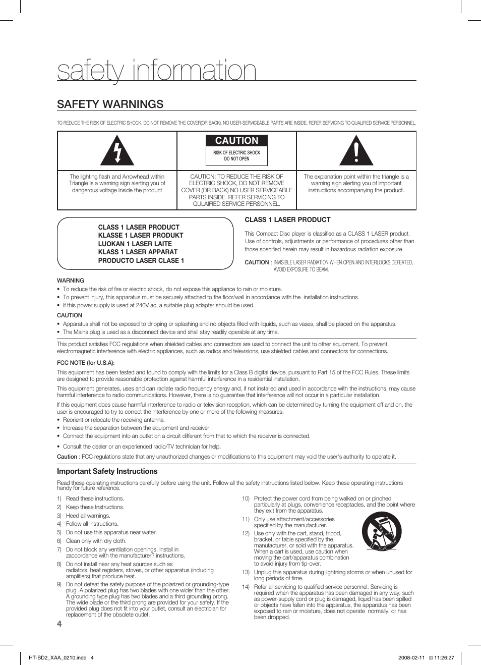 Safety information, Safety warnings, Caution | Samsung HT-BD2T-XAA User Manual | Page 5 / 73