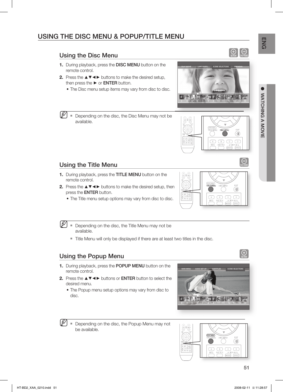 Using the disc menu & popup/title menu, Using the disc menu, Using the title menu | Using the popup menu | Samsung HT-BD2T-XAA User Manual | Page 52 / 73