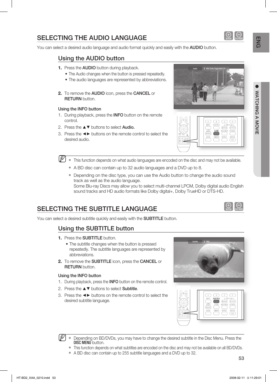 Selecting the audio language, Selecting the subtitle language, Using the audio button | Using the subtitle button | Samsung HT-BD2T-XAA User Manual | Page 54 / 73