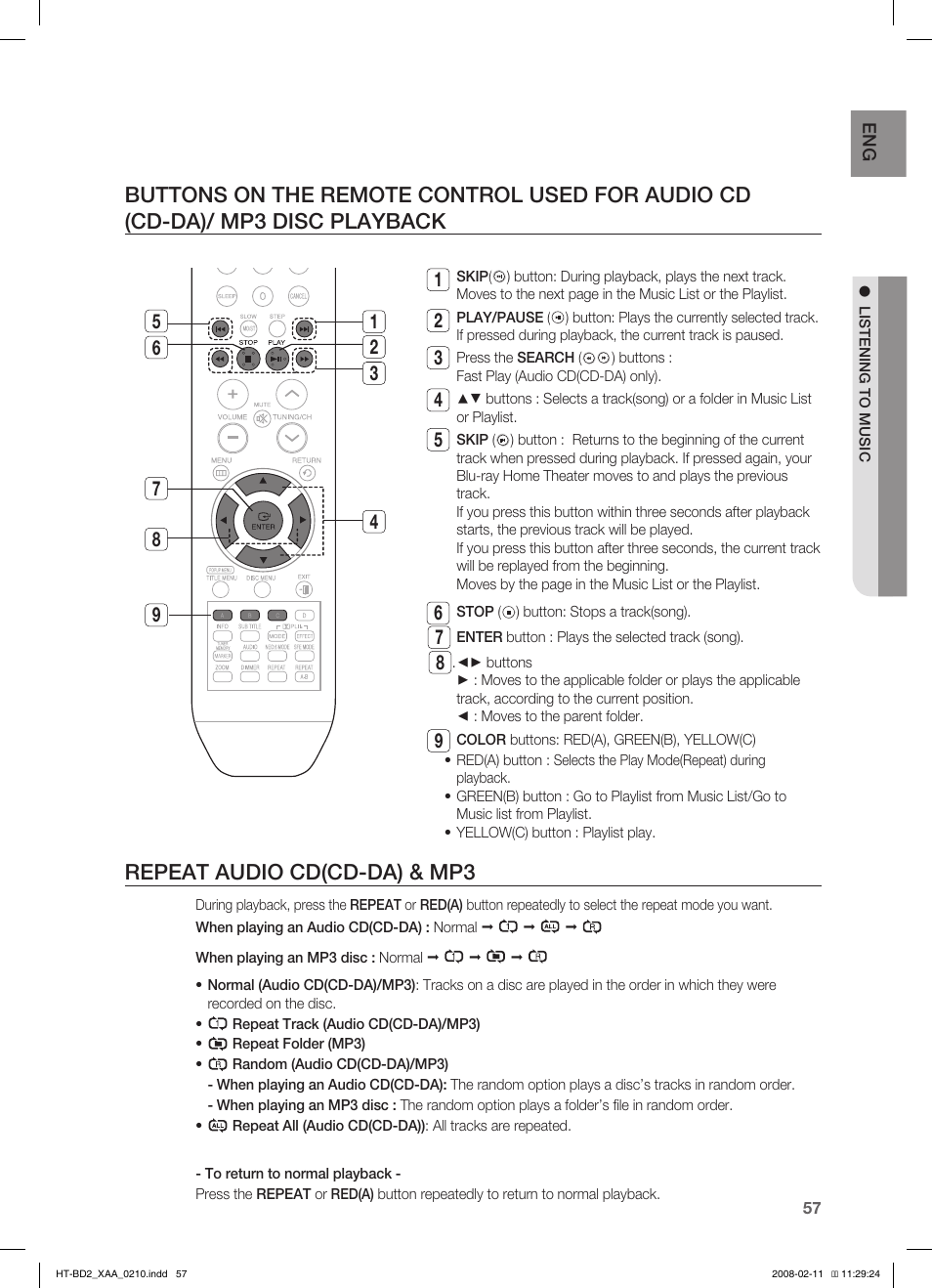 Repeat audio cd(cd-da) & mp3 | Samsung HT-BD2T-XAA User Manual | Page 58 / 73