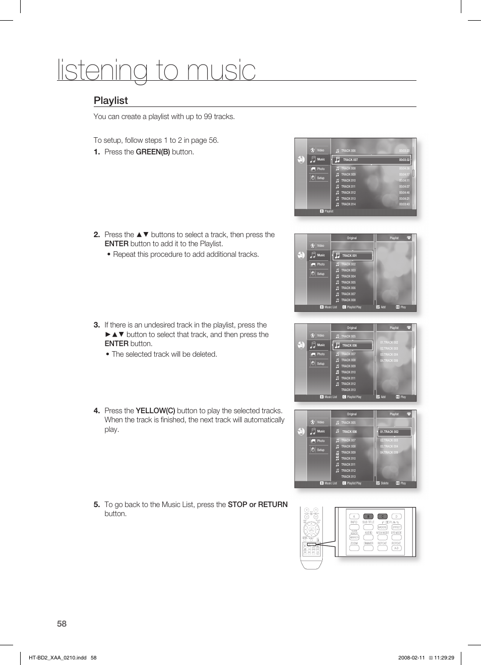 Playlist, Listening to music | Samsung HT-BD2T-XAA User Manual | Page 59 / 73