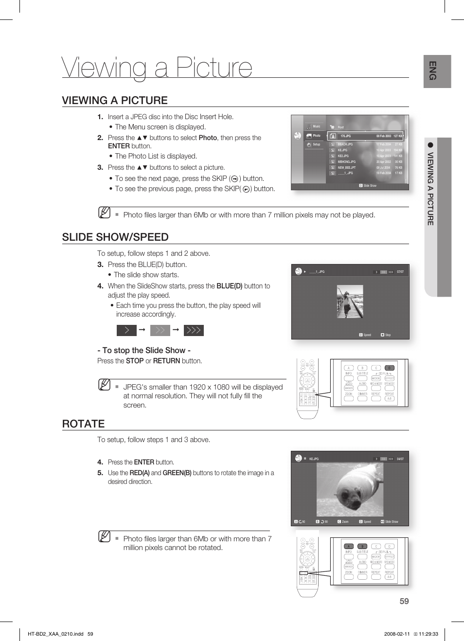 Viewing a picture, Slide show/speed, Rotate | Samsung HT-BD2T-XAA User Manual | Page 60 / 73
