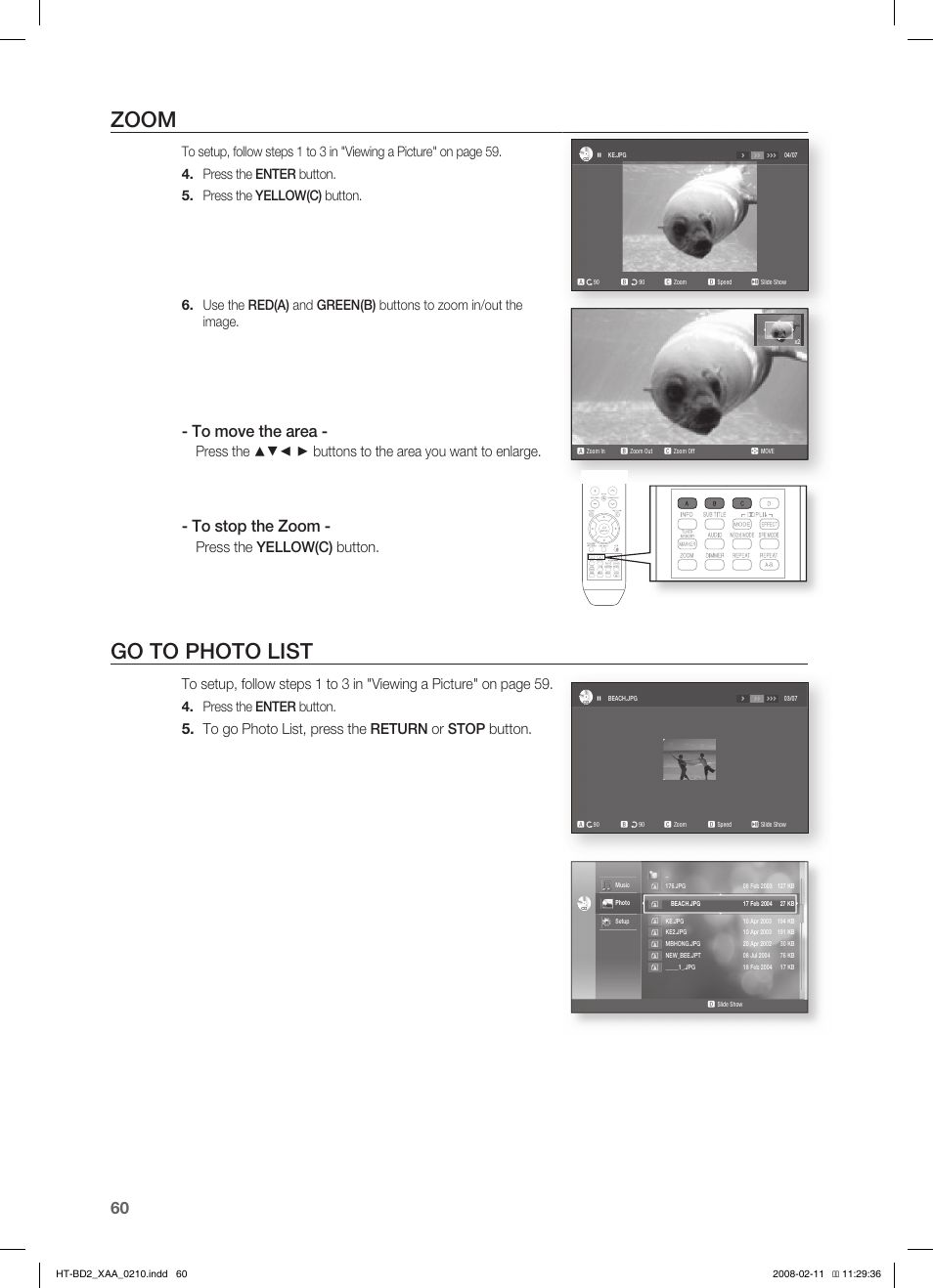 Zoom, Go to photo list, Press the yellow(c) button | Press the enter button | Samsung HT-BD2T-XAA User Manual | Page 61 / 73