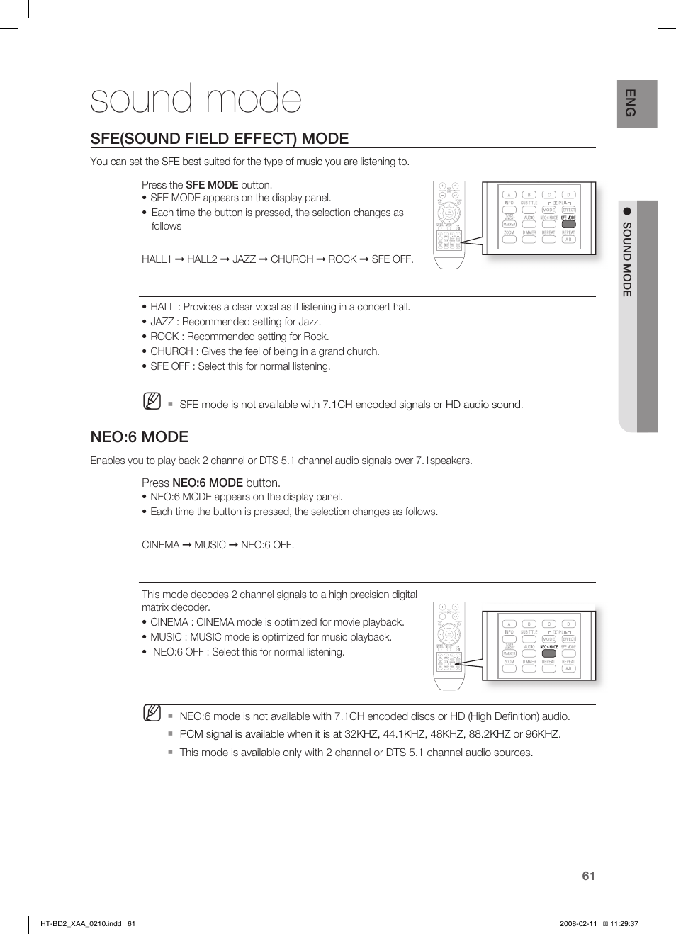 Sound mode, Sfe(sound field effect) mode, Neo:6 mode | Samsung HT-BD2T-XAA User Manual | Page 62 / 73