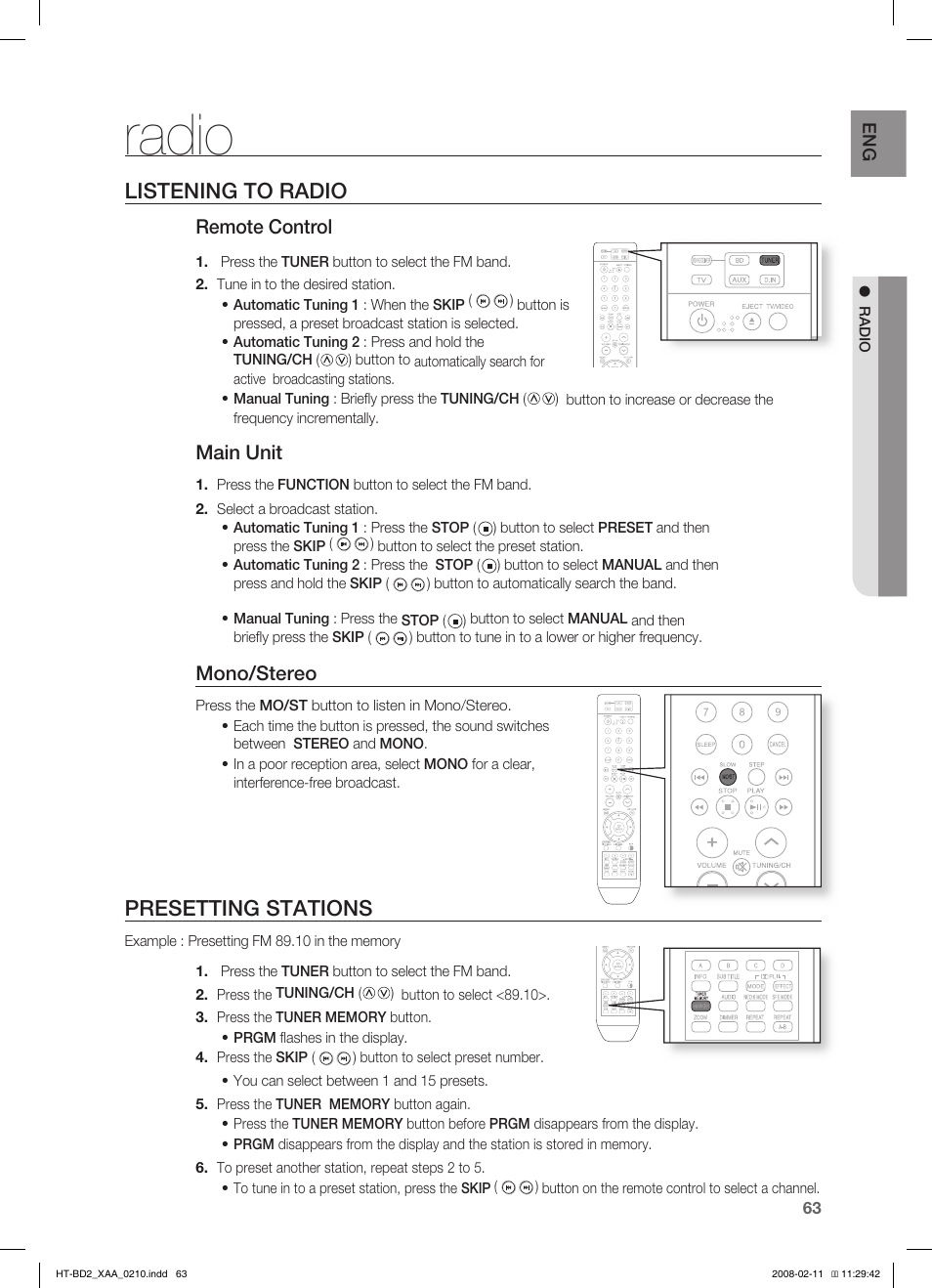 Radio, Listening to radio, Presetting stations | Remote control, Main unit, Mono/stereo | Samsung HT-BD2T-XAA User Manual | Page 64 / 73