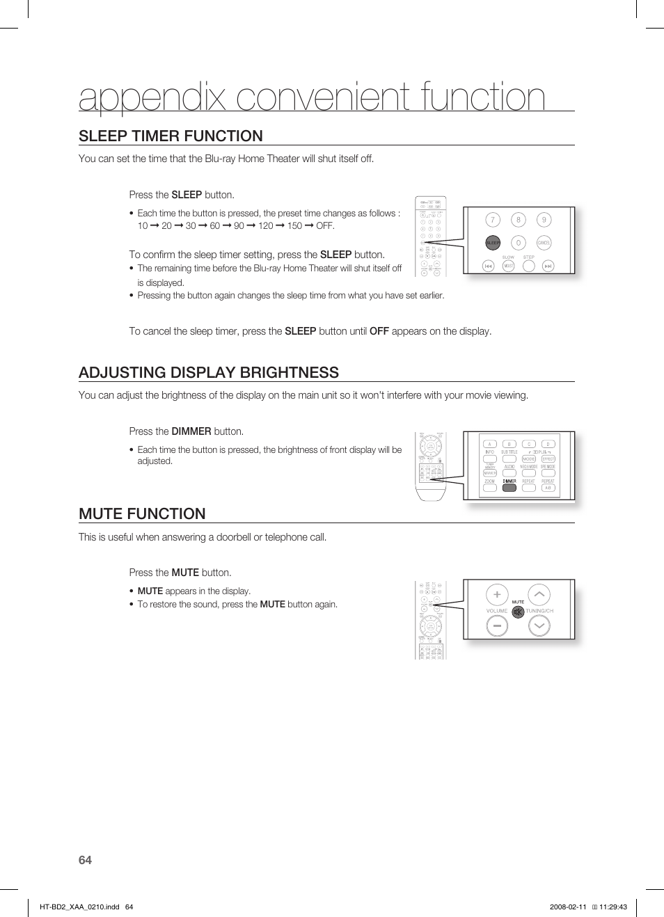 Sleep timer function, Adjusting display brightness, Mute function | Appendix, Convenient function | Samsung HT-BD2T-XAA User Manual | Page 65 / 73