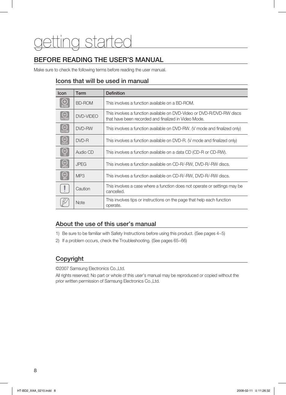 Getting started, Before reading the user’s manual | Samsung HT-BD2T-XAA User Manual | Page 9 / 73