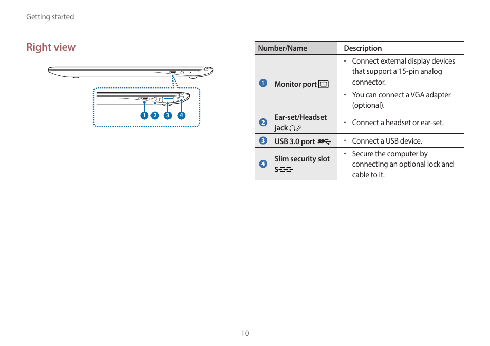 Right view | Samsung NP940X3G-K03US User Manual | Page 10 / 147