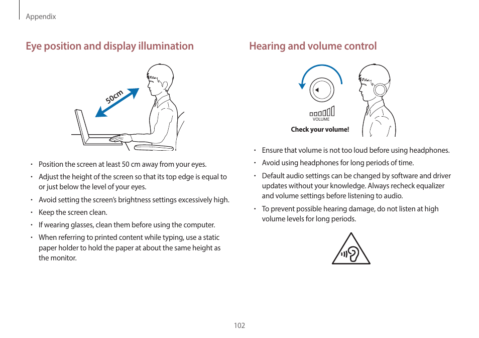 Hearing and volume control, Eye position and display illumination | Samsung NP940X3G-K03US User Manual | Page 102 / 147