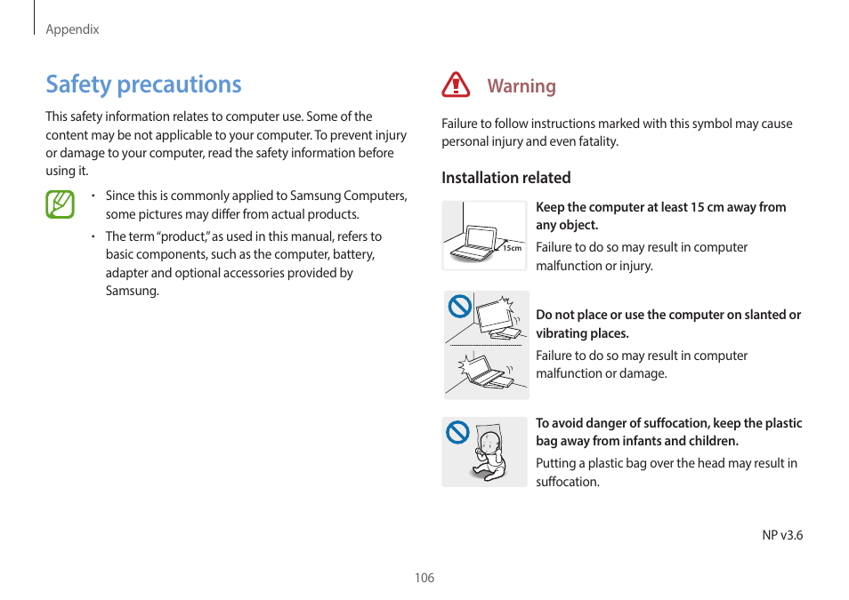 Safety precautions, 106 safety precautions, Warning | Samsung NP940X3G-K03US User Manual | Page 106 / 147