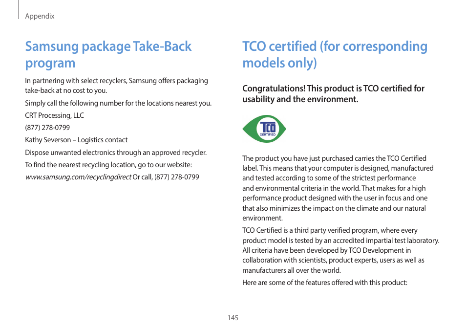 Samsung package take-back program, Tco certified (for corresponding models only), 145 samsung package take | Back program, 145 tco certified (for, Corresponding models, Only) | Samsung NP940X3G-K03US User Manual | Page 145 / 147