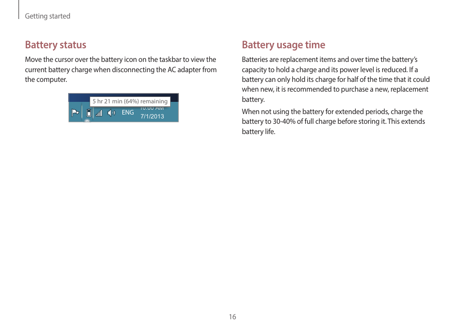 Battery usage time, Battery status | Samsung NP940X3G-K03US User Manual | Page 16 / 147