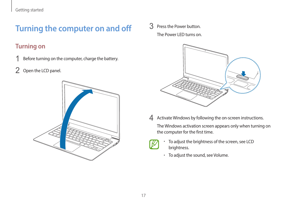 Turning the computer on and off, 17 turning the computer on, And off | Samsung NP940X3G-K03US User Manual | Page 17 / 147