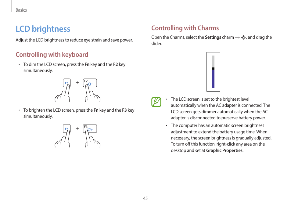Lcd brightness, 45 lcd brightness, Controlling with charms | Controlling with keyboard | Samsung NP940X3G-K03US User Manual | Page 45 / 147