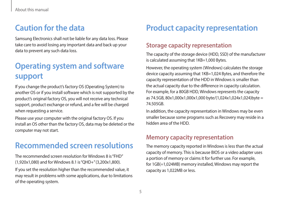Product capacity representation, Caution for the data, Operating system and software support | Recommended screen resolutions | Samsung NP940X3G-K03US User Manual | Page 5 / 147